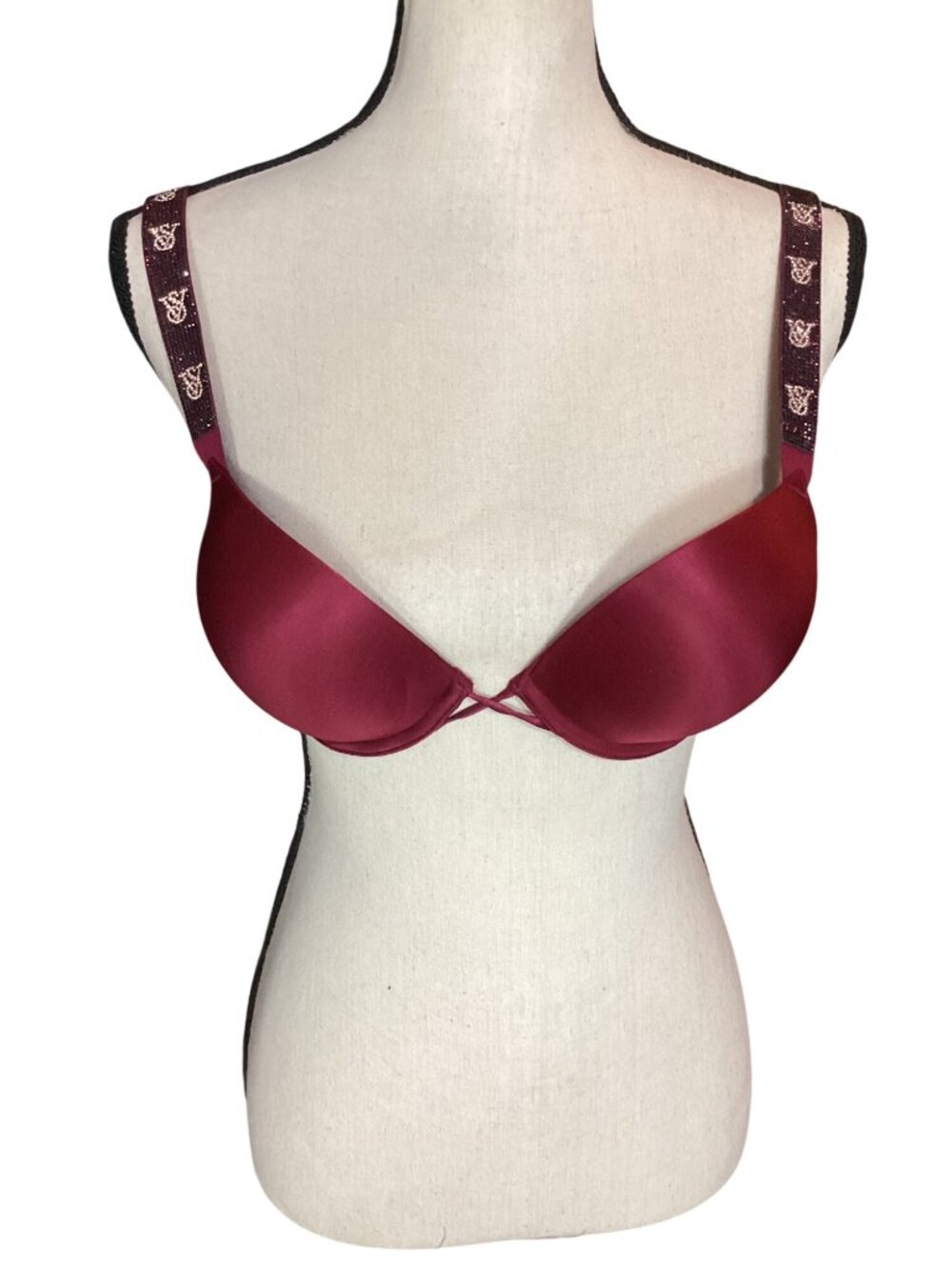 Victorias Secret Maroon Satin Push-Up Plunge Bra*Rhinestone Straps*Size 30D*NWOT